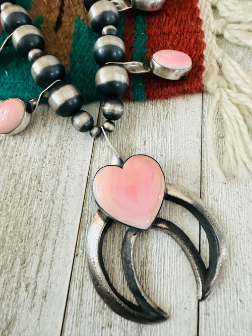 Navajo Queen Pink Conch, Turquoise & Sterling Silver Beaded Squash Blossom Necklace by Chimney Butte