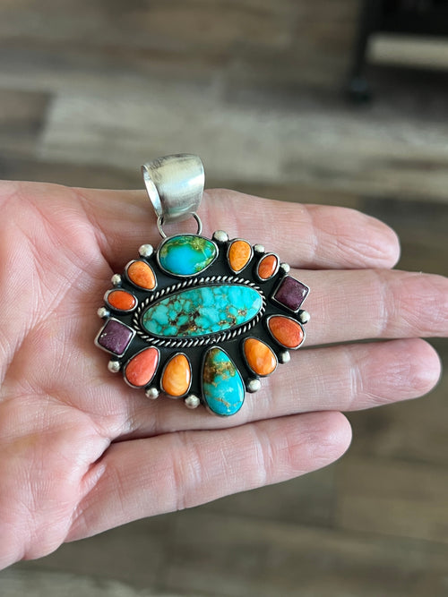 Navajo Sterling Silver Electric Rainbow Cluster Pendant by Angela Martin