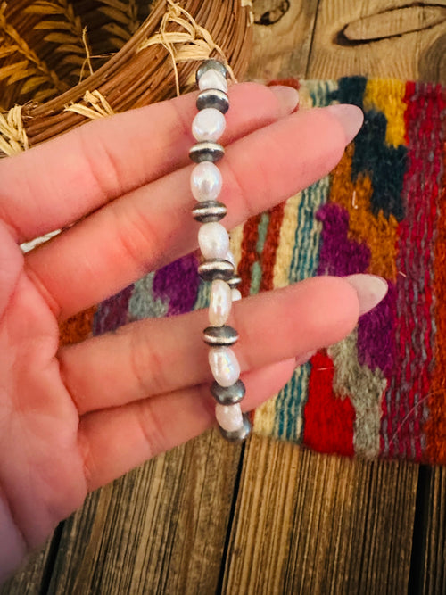 Handcrafted Freshwater Pearl & Sterling Silver Pearl Beaded Stretch Bracelet