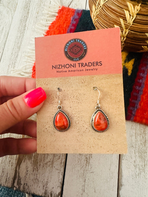 Navajo Sterling Silver Apple Coral Dangle Earrings