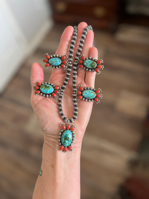 Taos Collection: Handcrafted Sterling Silver, Kingman Turquoise & Mediterranean Red Coral Necklace by Mark Yazzie