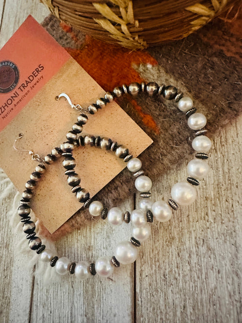 Navajo Pearl & Sterling Silver Pearl Beaded Dangle Hoop Earrings