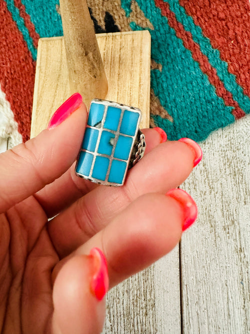 Old Pawn Vintage Handcrafted Sterling Silver & Turquoise Inlay Ring Size 12.5