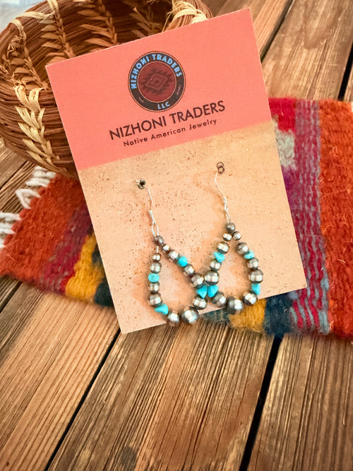 Handcrafted Turquoise & Sterling Silver Pearl Beaded Dangle Hoop Earrings