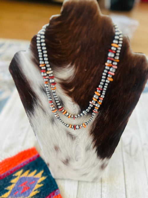 Navajo Sterling Silver & Spiny Oyster Beaded Necklace