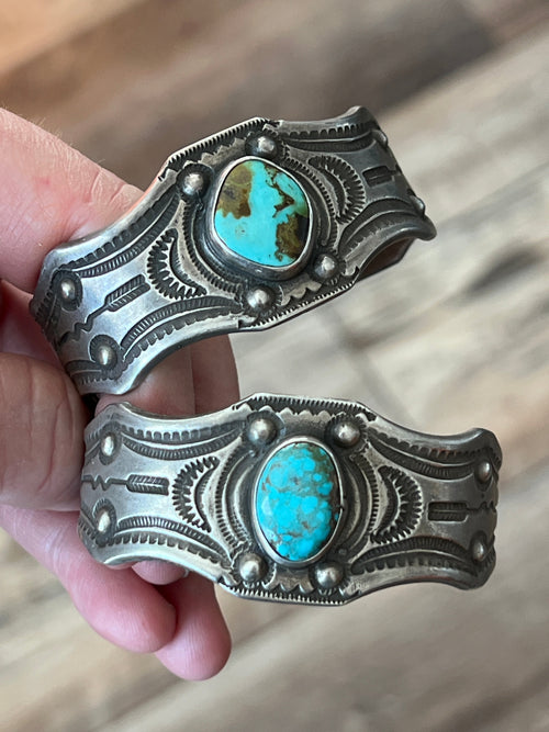 Hand Forged Old Pawn Sterling Silver & Turquoise Ingot Cuff Bracelets by Santa Fe Artist, Buffalo: The Twins