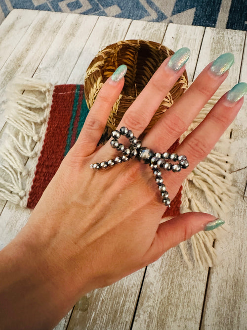 Sterling Silver Pearl Beaded Bow Adjustable Ring