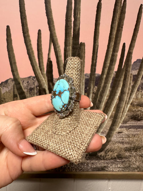 Beautiful Handmade Golden Hills Turquoise And Sterling Silver Adjustable Single Stone STATEMENT Ring