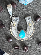 Kimari Somers Hand Stamped Sterling Silver Heart Motif Horseshoe Pendant with Brass & Royston Turquoise