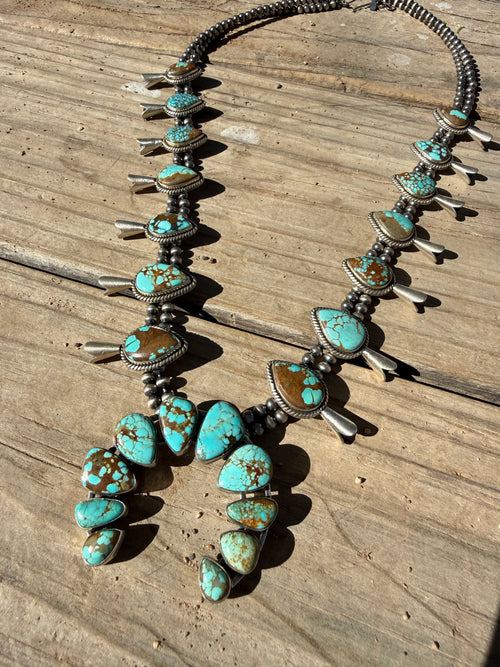 Handmade Sterling Silver & Number 8 Turquoise Squash Blossom Necklace
