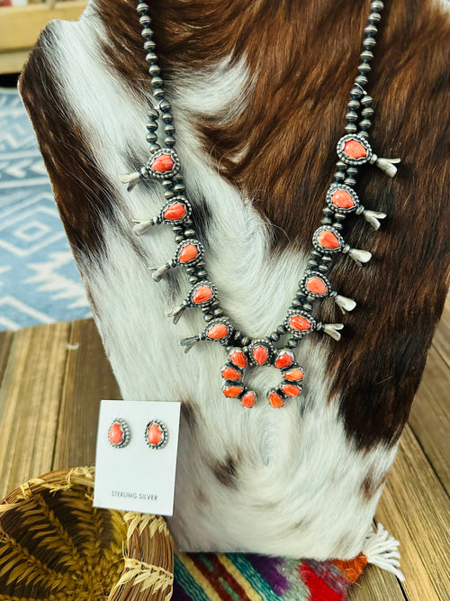 Handcrafted Sterling Silver & Spiny Oyster Squash Blossom Necklace Set