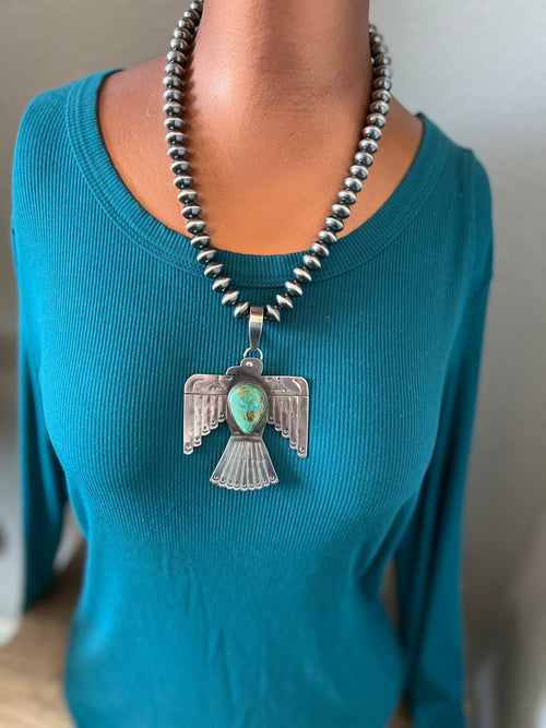Kimari Somers Hand Stamped Sterling Silver & Kingman Turquoise Thunderbird Pendant 5