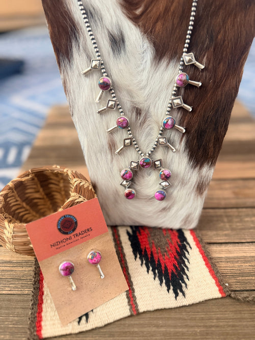 Handcrafted Pink Dream Mojave & Sterling Silver Squash Blossom Necklace and Earring Set