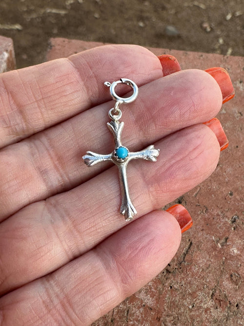 Navajo Crafted Sterling Silver and Turquoise Hand Stamped Cross Charm