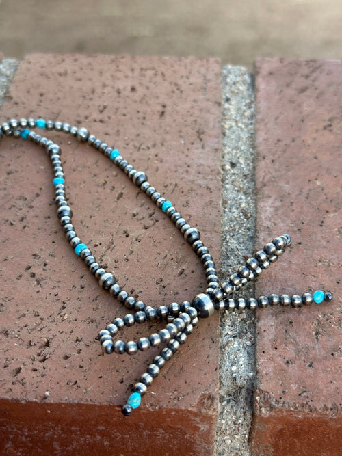 Handmade Sterling Silver & Turquoise Pearl Beaded 3-6 mm Bow Tie Necklace 16-18 inches