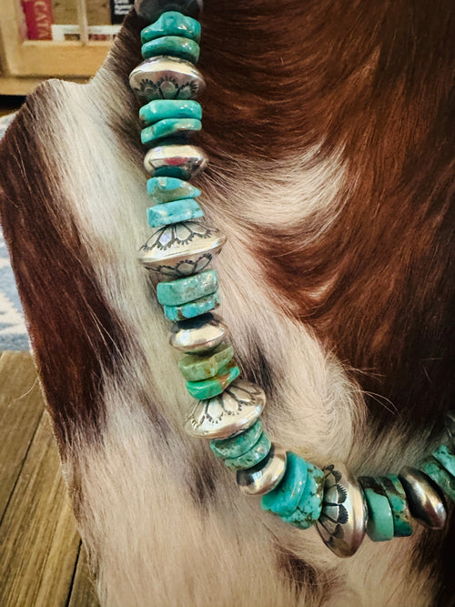 Handcrafted Turquoise & Sterling Silver Beaded 16” Necklace