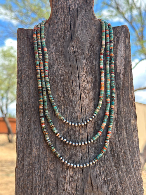 Navajo Kingman Turquoise & Spiny Sterling Silver 5mm Beaded Necklace