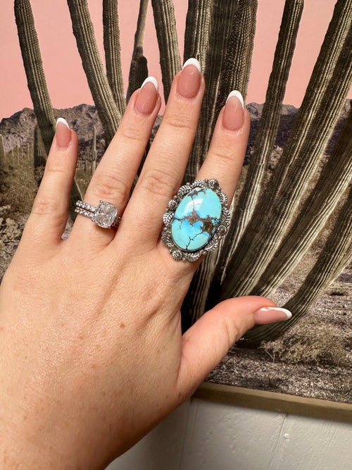 Beautiful Handmade Golden Hills Turquoise And Sterling Silver Adjustable Single Stone STATEMENT Ring