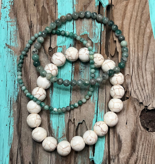 Cream Howlite Stretch Bracelet Set of 3- Green