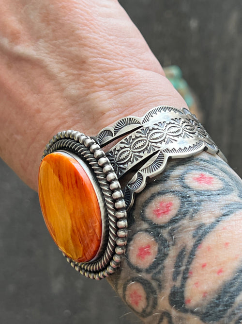 Navajo Hand Stamped Sterling Silver Split Cuff Bracelet with Spiny Oyster Shell by Murphy Platero