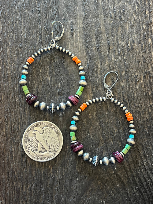 Navajo Made Electric Rainbow 2 Inch Sterling Silver, Turquoise & Spiny Oyster Beaded Hoop Earrings, Leverback