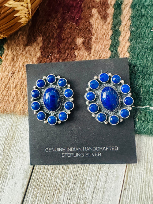 Old Pawn Navajo Lapis and Sterling Silver Cluster Clip On Earrings
