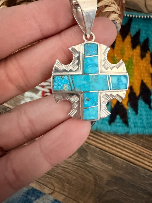 Old Pawn Handcrafted Inlay Turquoise & Sterling Silver Cross Pendant