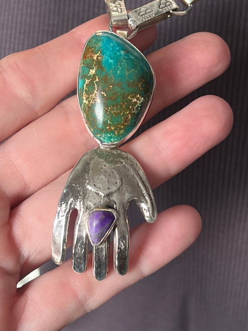 Jay Leon Coriz Handcrafted Sterling Silver and Royston Turquoise Healing Hand Station Necklace