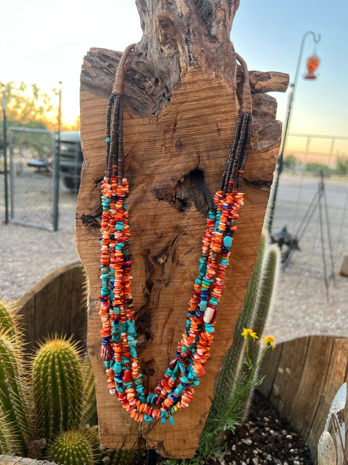 Gorgeous Navajo Made Six Strand Spiny Oyster and Turquoise Beaded Squaw Wrap Necklace, No Tabs