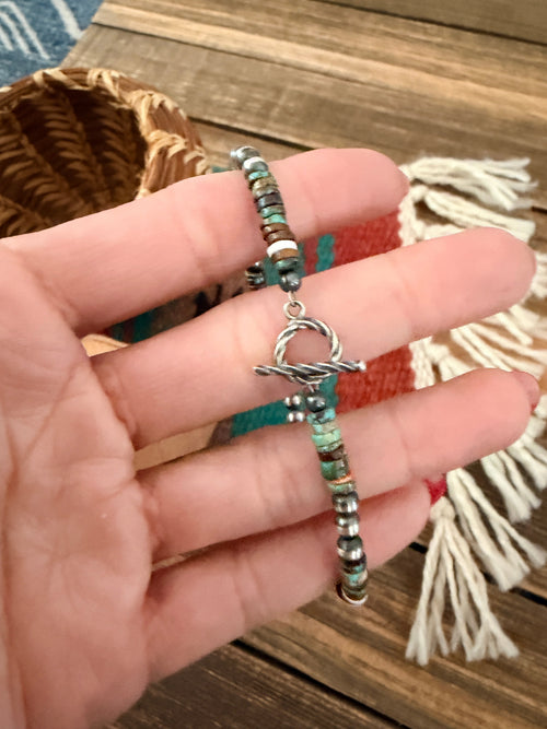 Handcrafted Turquoise, Spiny Oyster & Sterling Silver Pearl Beaded Bracelet