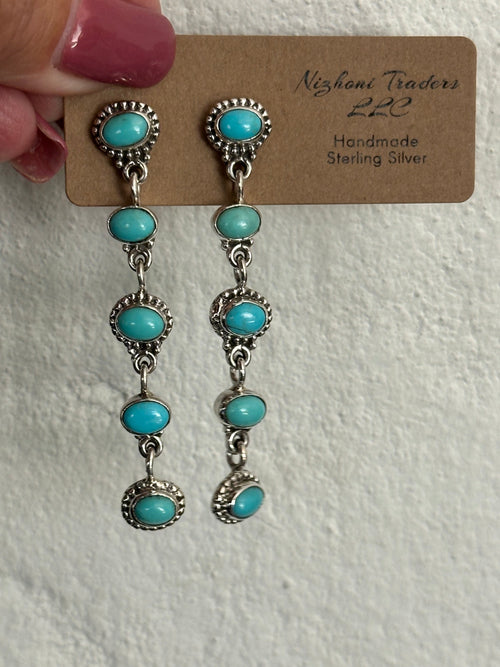 Handmade Kingman Turquoise And Sterling Silver  5 Stone Dangle Earrings