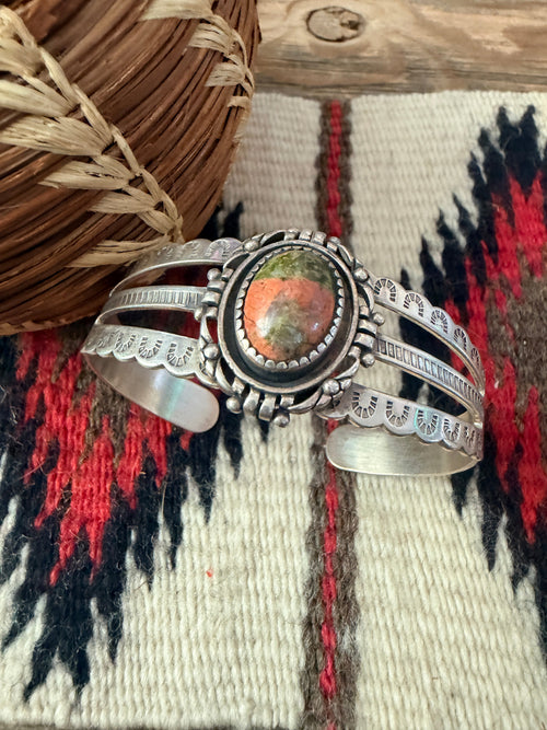 Handcrafted Old Pawn Unakite & Sterling Silver Cuff Bracelet