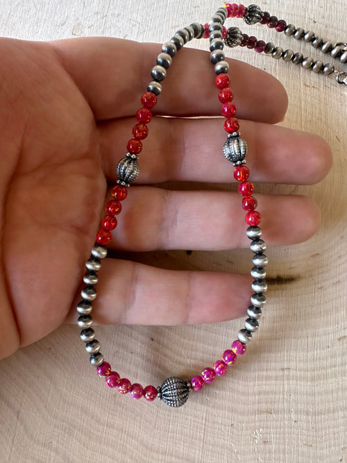 Handmade Navajo Pearl Style Sterling Silver, Red & Pink Fire Opal Beaded Necklace