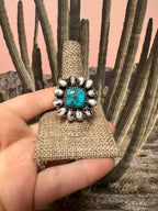 Beautiful Handmade Turquoise, White Buffalo And Sterling Silver Adjustable Cluster Ring