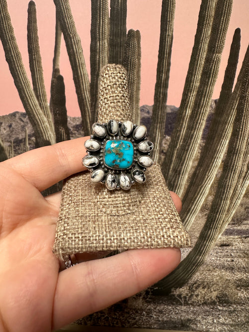 Beautiful Handmade Turquoise, White Buffalo And Sterling Silver Adjustable Cluster Ring