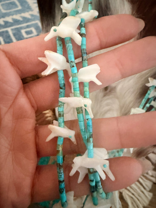Old Pawn Handcrafted Turquoise & Mother of Pearl Fetish Hummingbird Beaded 29” Necklace