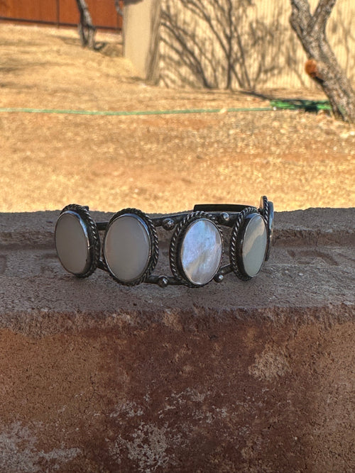 Old Pawn Navajo Sterling Silver & Mother of Pearl Cuff Bracelet
