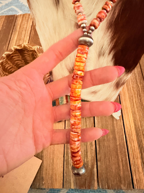 Handcrafted Spiny Oyster & Sterling Silver Beaded Lariat Necklace
