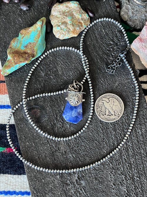 Sterling Silver Gem Collector 30” + 2” Beaded Necklace w/ Sodalite & Dandelion Pendant