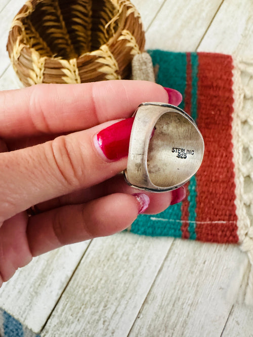 Old Pawn Handcrafted Turquoise, Coral & Sterling Silver Ring Size 9.5