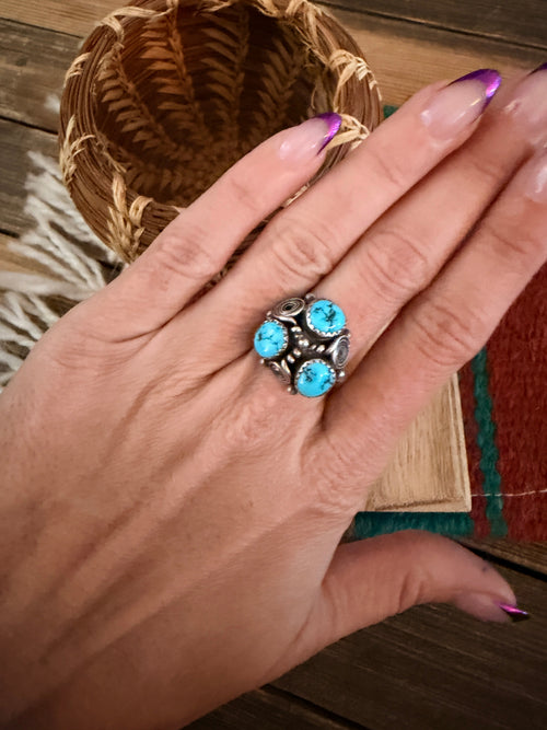 Old Pawn Handcrafted Turquoise & Sterling Silver Ring Size 7.25