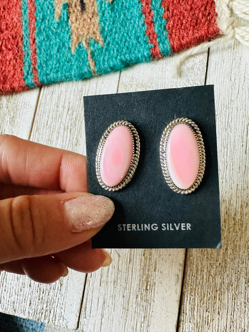 Navajo Sterling Silver & Queen Pink Conch Oval Post Earrings