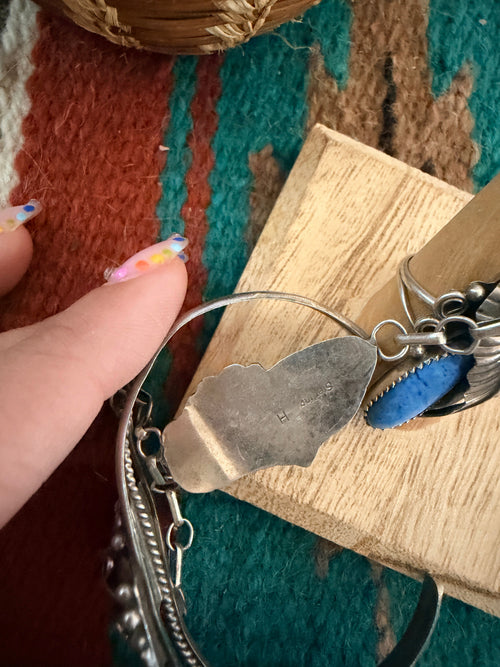 Handcrafted Old Pawn Lapis & Sterling Silver Cuff Bracelet with Hand Chain
