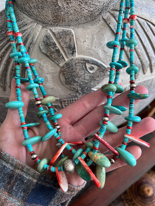 Gorgeous Handcrafted Triple Strand Sterling Silver, Turquoise and Spiny Oyster Beaded Tab Necklace by Daniel Coriz