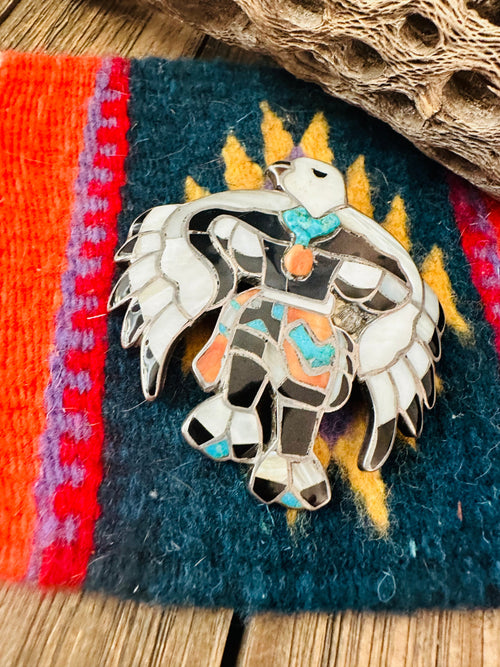 Vintage Navajo Sterling Silver & Multi Stone Inlay Eagle Dancer Bolo Slide