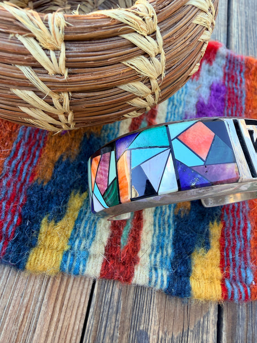 Handcrafted Old Pawn Sterling Silver & Multi Stone Inlay Mosaic Cuff Bracelet