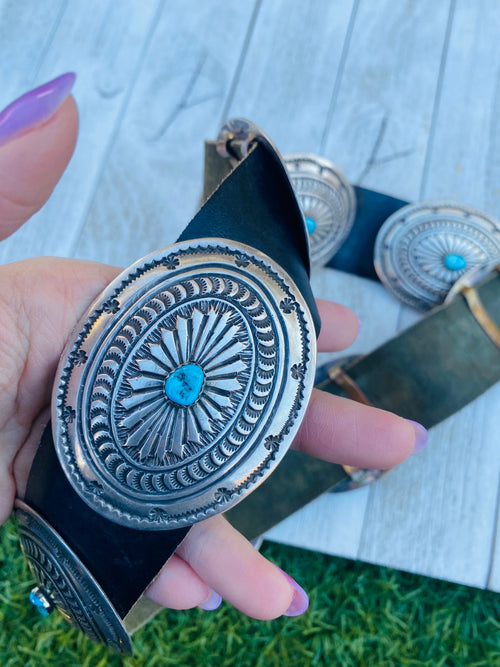 Vintage Navajo Black Leather And Sterling Silver Turquoise Concho Belt