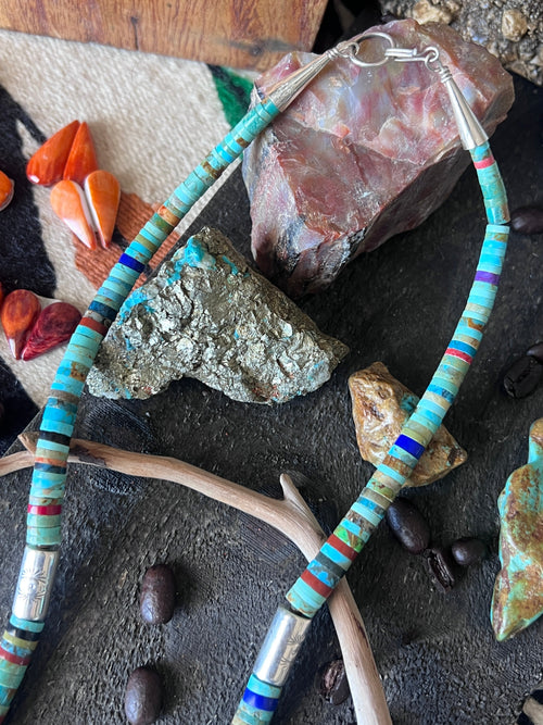 Ronald Chavez Handcrafted Sterling Silver & Multistone Heishi Beaded Santo Domingo Necklace with Tabs