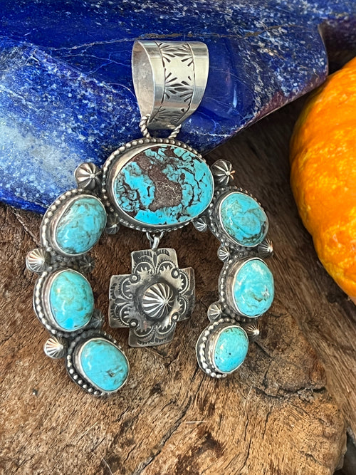 Apache Made Sterling Silver and Egyptian Turquoise Naja Pendant by Rosella Paxson