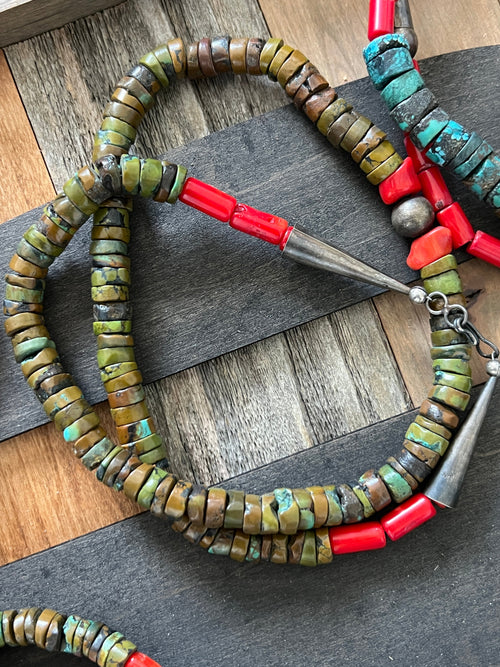 Navajo Hubei Turquoise Beaded Necklace with Sterling Silver and Bamboo Coral by Kirby Smith: 13 To Choose From!